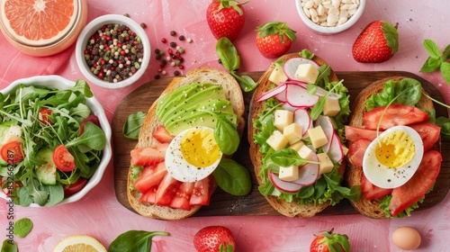 A wooden cutting board holds two sandwiches, topped with lettuce, tomato, eggs, and other foods Nearby, a pink surface reveals a bowl filled with fruit