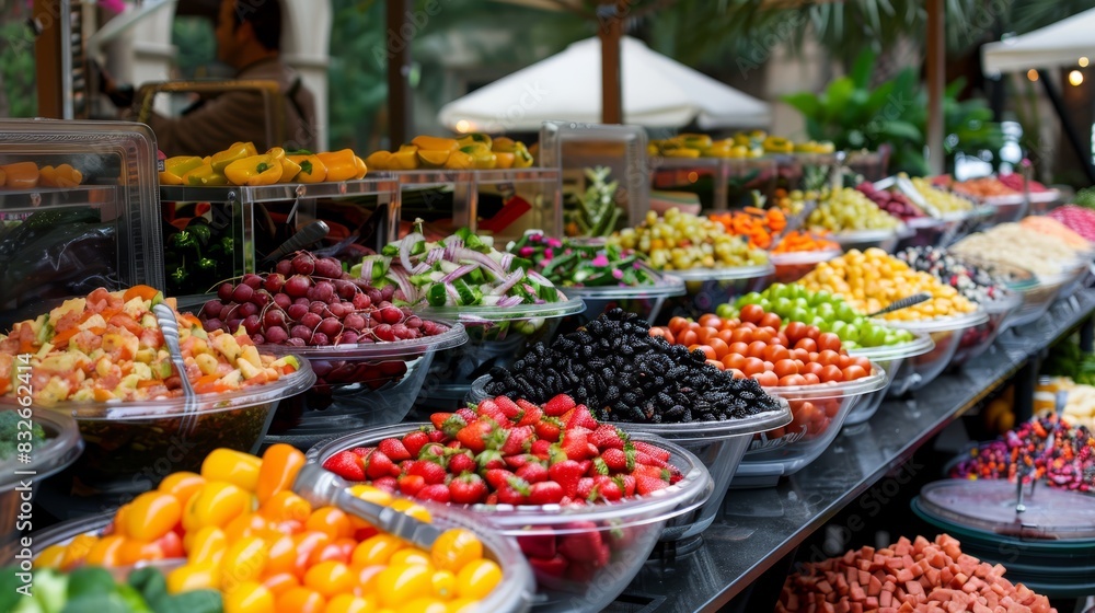  A display in a store filled with various fruits and vegetables on trays, adjacent to umbrella-shaded tables