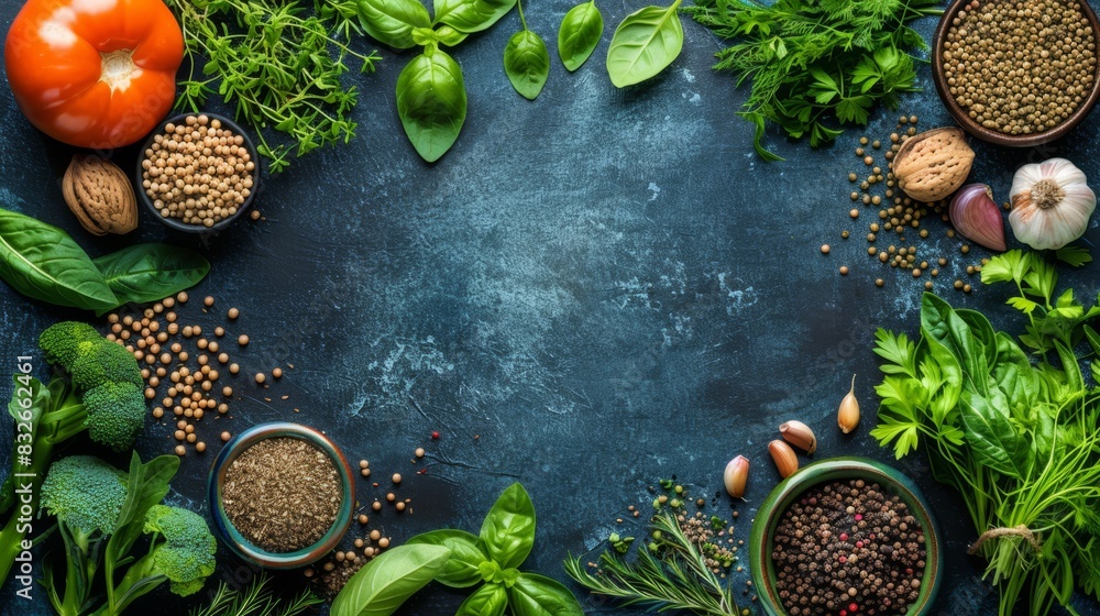 A blue surface table, laden with assorted veggies and grains, is encircled by diverse vegetable types Text space above A blue surface table, laden with assorted veggies and grains, is encircled by diverse vegetable types Text space above