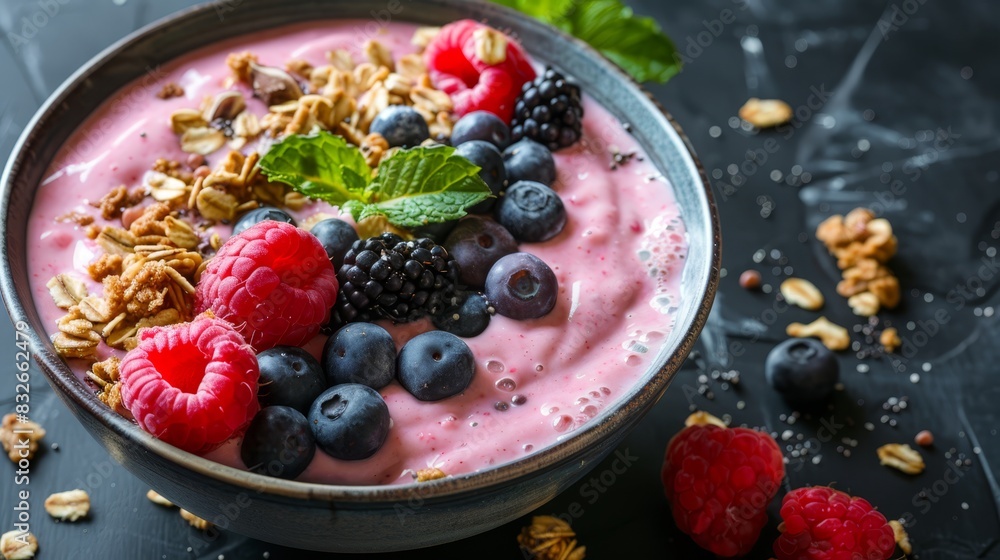 A bowl of yogurt against a black backdrop, topped with berries , granola, and walnuts garnished with mint A bowl of yogurt against a black backdrop, topped with berries , granola, and walnuts garnished with mint