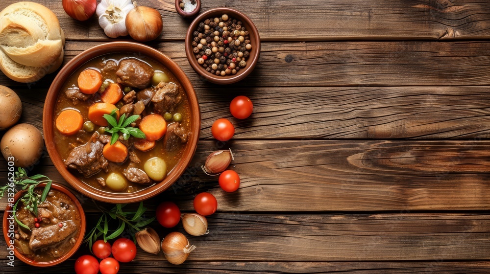 tomatoes, garlic, and others, on a wooden table Included are a spoon and a loaf of bread tomatoes, garlic, and others, on a wooden table Included are a spoon and a loaf of bread