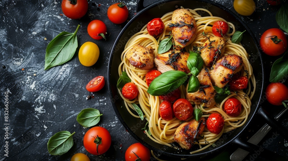  A pan of pasta with chicken, tomatoes, and basil against a dark backdrop Tomatoes and basil are positioned to one side and atop the pan