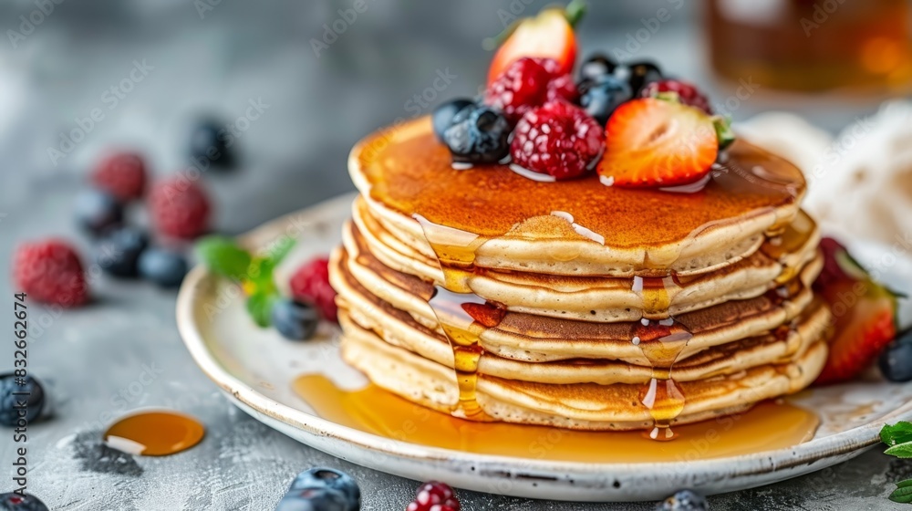 A stack of pancakes on a white plate, dripped in syrup and garnished with berries Nearby, a cup of syrup and a glass of tea sit on A stack of pancakes on a white plate, dripped in syrup and garnished with berries Nearby, a cup of syrup and a glass of tea sit on