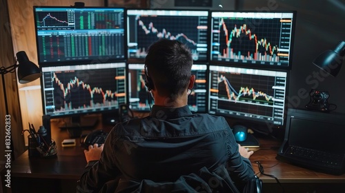 Financial analyst reviewing trading graphs on multiple screens.
