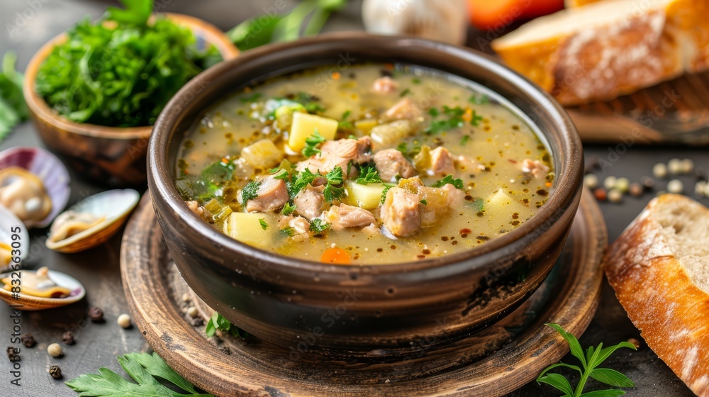 A close-up of a bowl of soup on a table reveals a piece of bread nearby, along with other foods A close-up of a bowl of soup on a table reveals a piece of bread nearby, along with other foods