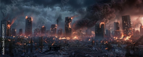 Panoramic image depicting a city ravaged by disaster with fire and smoke photo