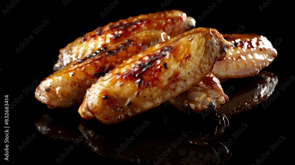 A black surface holds a mound of grilled chicken wings, their reflective glaze casting an image overhead Black reflection mirrors atop each wing against a backdrop of unyield A black surface holds a mound of grilled chicken wings, their reflective glaze casting an image overhead Black reflection mirrors atop each wing against a backdrop of unyield