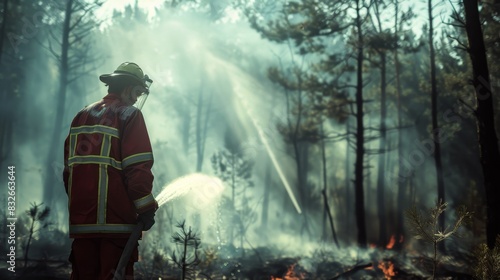 A fireman in uniform extinguishes a forest fire on a summer day. natural disaster forest fire