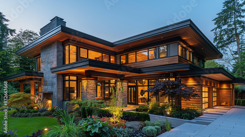 Modern Craftsman-style exterior with cantilevered upper floor.