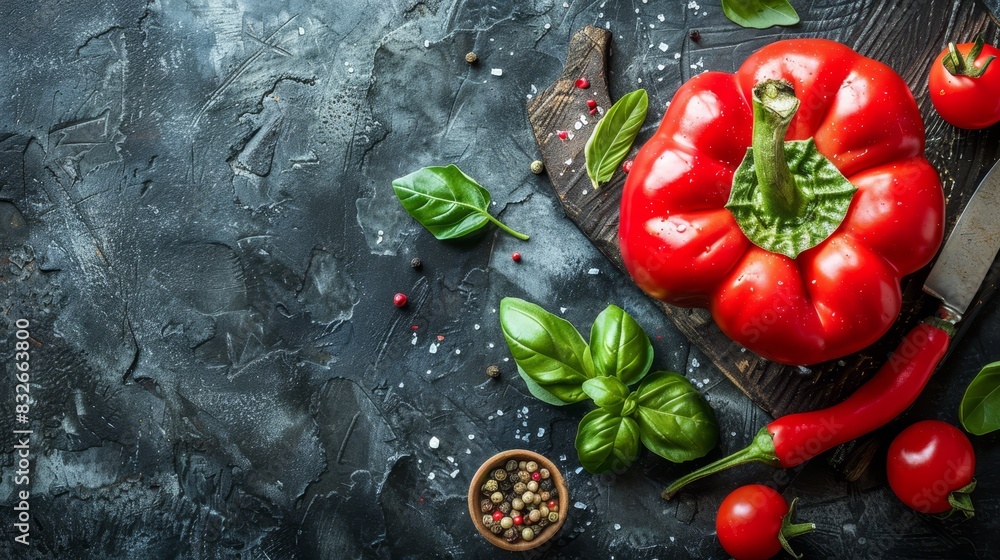 Tomatoes and basil on a cutting board, nearby is a small bowl of seeds A wooden spoon with a green leafy top rests beside them on a black surface against a gray background Tomatoes and basil on a cutting board, nearby is a small bowl of seeds A wooden spoon with a green leafy top rests beside them on a black surface against a gray background