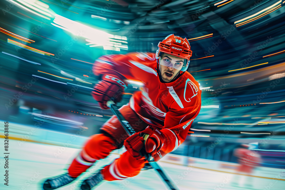 Obraz premium An ice hockey player in a red uniform, captured mid-action on the rink, holds his stick with determination. The high-speed shutter creates motion trails, emphasizing the speed and