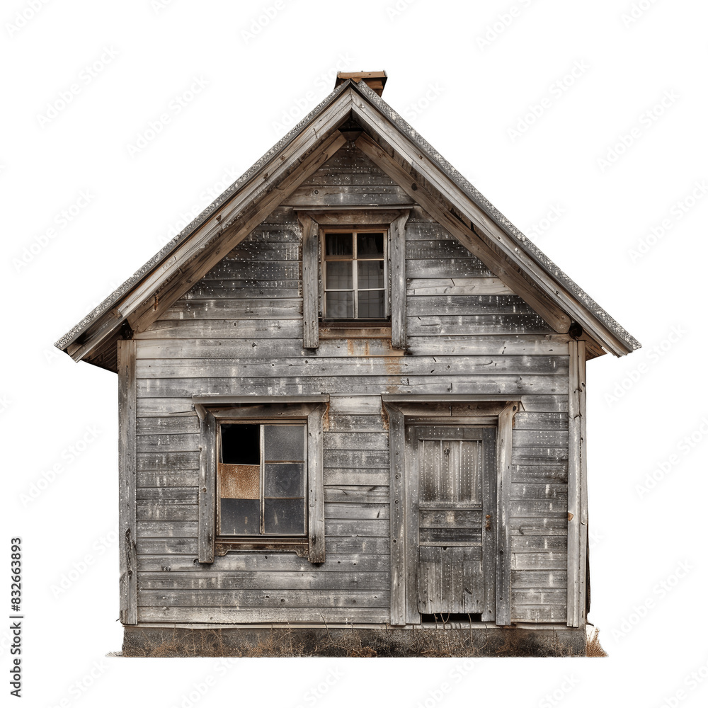 Detailed view of an old, weathered wooden cabin front with windows and door, cut out Detailed view of an old, weathered wooden cabin front with windows and door, cut out