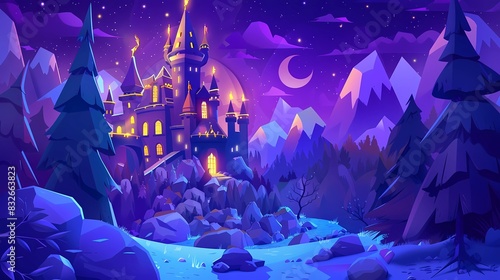 Fairy tale castle in mountains at night, Generative AI ilustrations. 