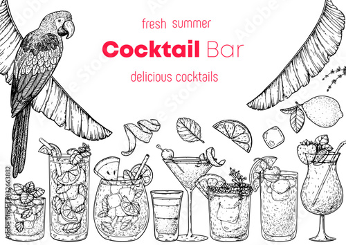 Alcoholic cocktails frame. Hand drawn vector illustration. Tropical Cocktails sketch set. Engraved style.