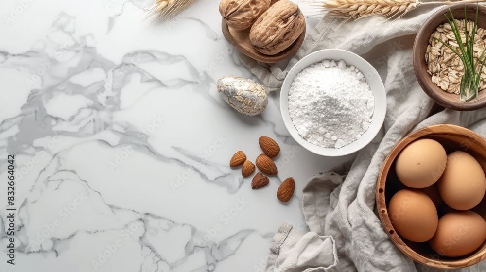 A white marble countertop holds bowls with nuts and flour Additional bowls of these ingredients are arranged next to it A white marble countertop holds bowls with nuts and flour Additional bowls of these ingredients are arranged next to it