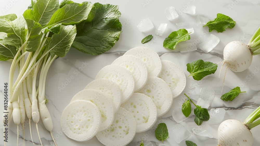 A close-up of assorted vegetables on a table, accompanied by ice cubes Nearby, an array of green, leafy vegetables rests atop more ice cubes A close-up of assorted vegetables on a table, accompanied by ice cubes Nearby, an array of green, leafy vegetables rests atop more ice cubes
