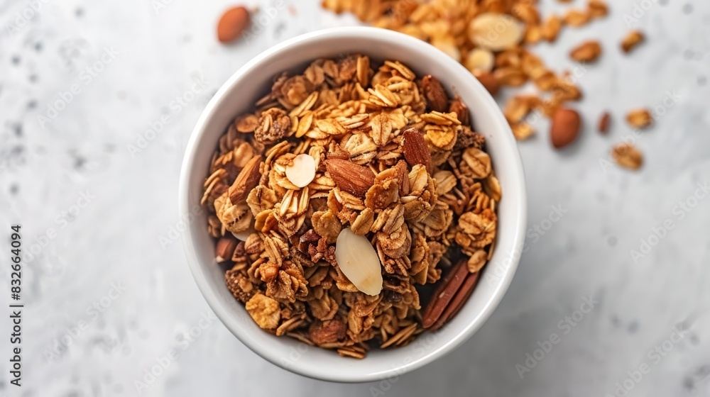 A bowl of granola, brimming with nuts, sits atop a pristine white countertop Nearby, an additional heap of nuts resides on the countertop A bowl of granola, brimming with nuts, sits atop a pristine white countertop Nearby, an additional heap of nuts resides on the countertop