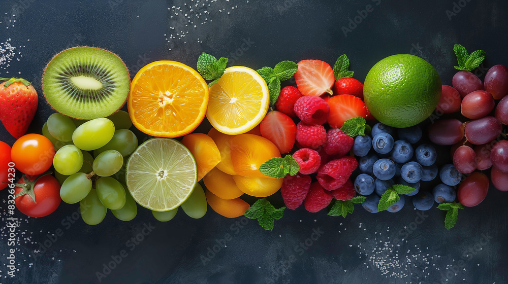 Top view of variety fresh fruits and berries that provide vitamin C and antioxidant that promote good health, healthy and healthy eating concept. Top view of variety fresh fruits and berries that provide vitamin C and antioxidant that promote good health, healthy and healthy eating concept.