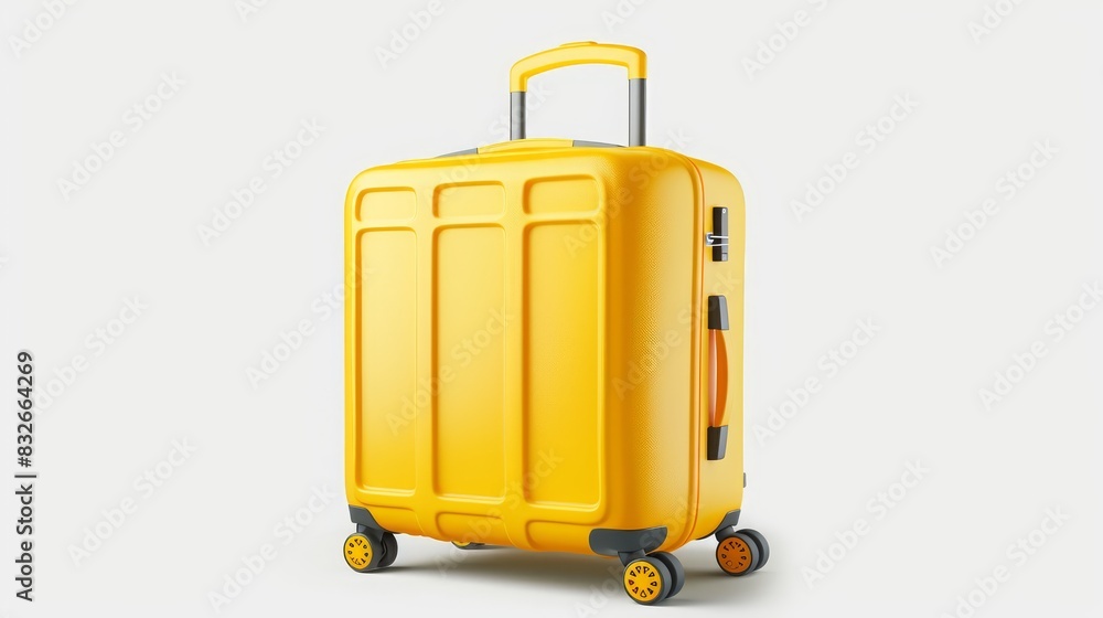 yellow suitcase with wheels on white background. travel essentials. yellow suitcase with wheels on white background. travel essentials.