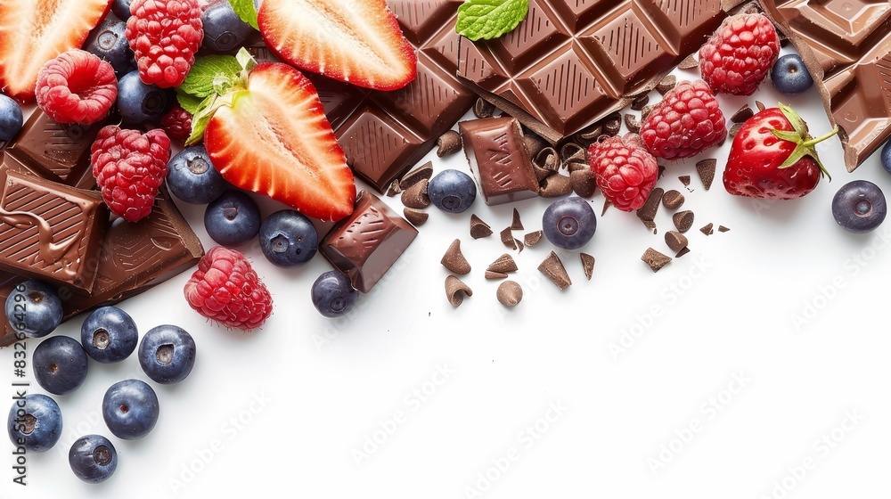 A white background displays various chocolates, including raspberries, blueberries, and strawberries The edge is adorned with a border of chocolate bars and raspberries A white background displays various chocolates, including raspberries, blueberries, and strawberries The edge is adorned with a border of chocolate bars and raspberries