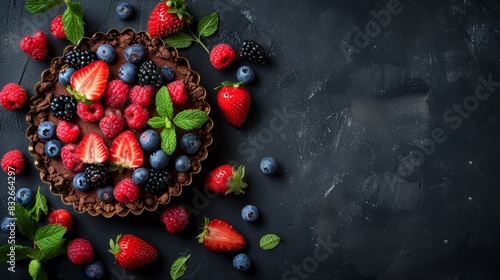  A pie topped with raspberries, blueberries, and mint leaves on a black surface Surrounded by green leafy plants bearing more blueberries and raspberries