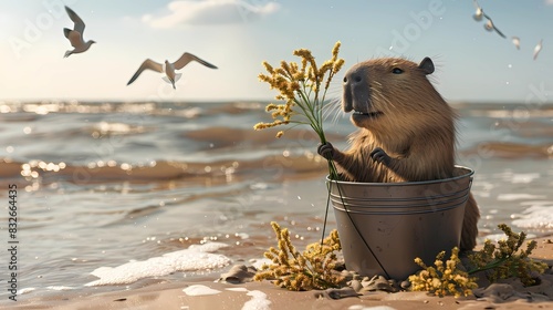 The capybara stands in a large bucket placed on the sand, and rapeseed grows out of the bucket, Generative AI illustrations.  photo