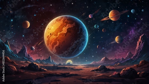 Game scene background, Cosmos cartoon background, planets, stars and clouds Space background with planets illustration with retro style. 2d style photo