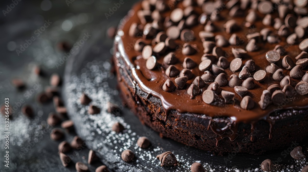 Elegant dessert adorned with chocolate chips, moody lighting, luxurious and refined, closeup, highresolution image, isolated background, copy space Elegant dessert adorned with chocolate chips, moody lighting, luxurious and refined, closeup, highresolution image, isolated background, copy space