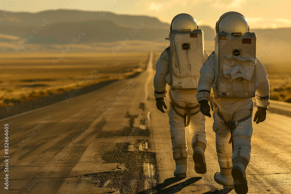 Astronauts in white spacesuits, complete with backpacks and helmets, walk in a single line towards the horizon on a deserted road. The side view captures their determined strides, Astronauts in white spacesuits, complete with backpacks and helmets, walk in a single line towards the horizon on a deserted road. The side view captures their determined strides,