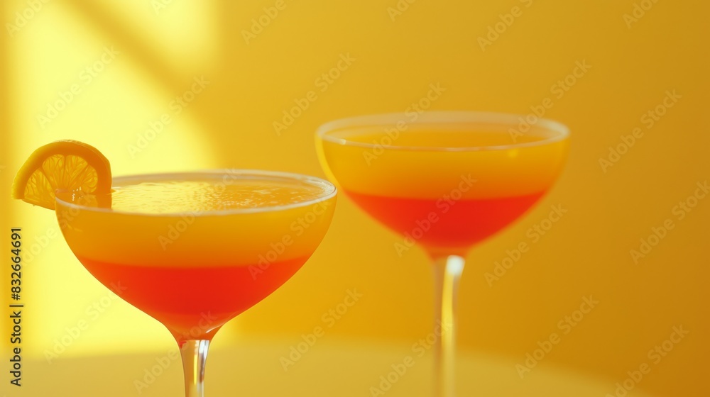 A tight shot of two orange juice-filled glassess, each sporting a lemon slice at the rim, against a sunny backdrop of a yellow wall A tight shot of two orange juice-filled glassess, each sporting a lemon slice at the rim, against a sunny backdrop of a yellow wall