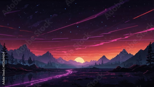 Futuristic purple neon light landscape background mixed with retro in classic colors. 2d style photo
