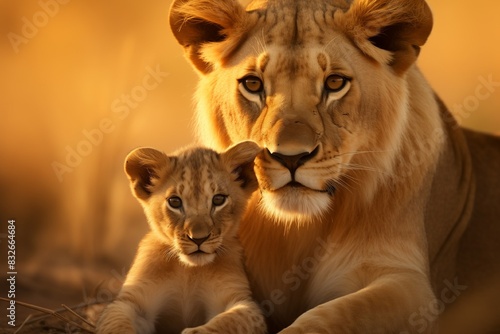 A mother lion and her cub are laying down in the grass. The mother lion is looking at the camera  and the cub is looking away
