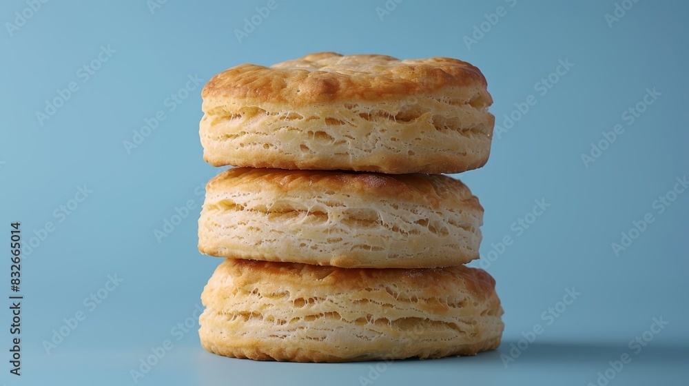 Three biscuits arranged in a stack on a blue tabletop against a light blue background Three biscuits arranged in a stack on a blue tabletop against a light blue background