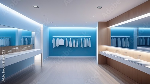A large room with a blue wall and white floor. The room is filled with clothes hanging on racks and a mirror. The room has a modern and clean look