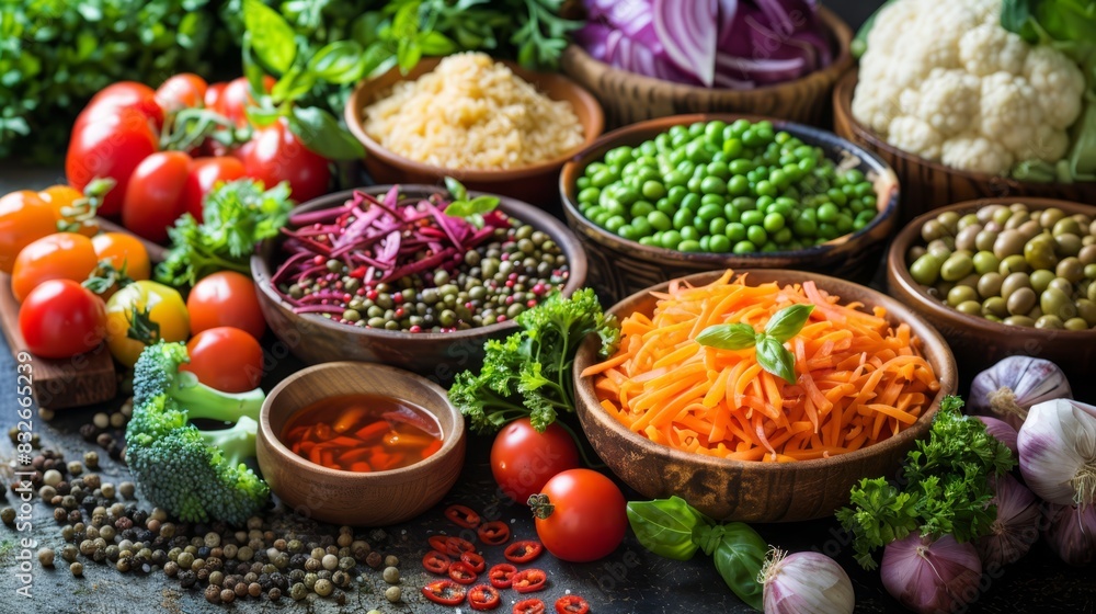 A table topped with bowls of various veggies Next to it, a pile of beans and other veggies arranged beside each other A table topped with bowls of various veggies Next to it, a pile of beans and other veggies arranged beside each other