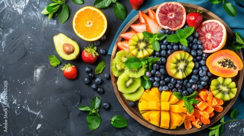  A platter with oranges, kiwis, blueberries, strawberries, and two kiwis arranged against a slate backdrop