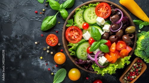  A salad with tomatoes  cucumbers  olives  lettuce  and two types of tomatoes in a bowl against a black background Olives and cheese are also included