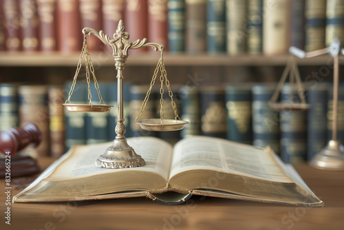 The scales of justice are placed on top of an open law book, positioned centrally on a polished wooden desk. The background is blurred, showcasing a bookshelf filled with law books