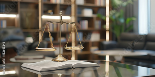 In a sleek, contemporary office setting, the scales of justice sit on an open book on a glass table. Behind, a blurred background of modern bookshelves and minimalist law decor enh photo