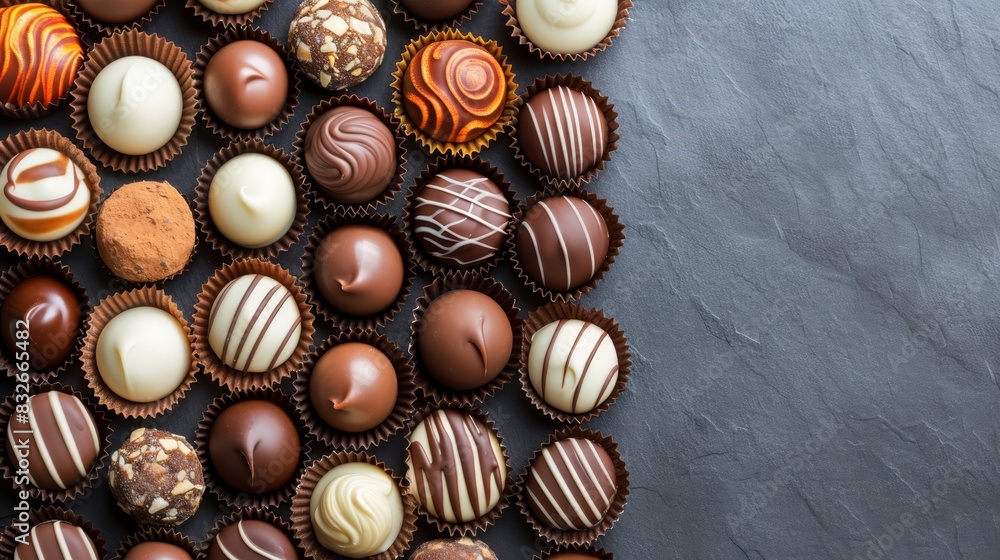A pile of chocolates on a black table, adjacent to another pile on a gray counter top A pile of chocolates on a black table, adjacent to another pile on a gray counter top