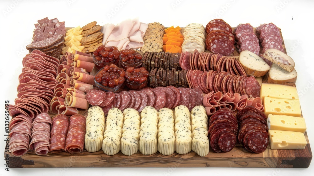  A selection of meats, cheeses, and breads is artfully arranged on a weathered wood platter against a pristine white background, prepared for serving at a festive