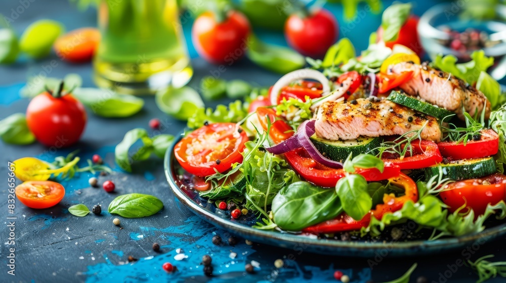 tomatoes, lettuce, and assorted veggies; a bottle of water behind tomatoes, lettuce, and assorted veggies; a bottle of water behind