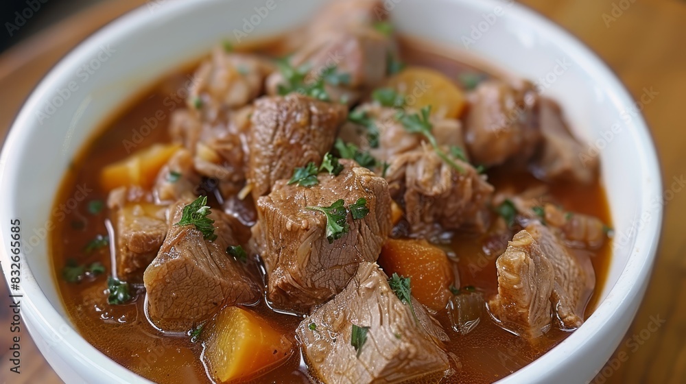 A tight shot of a wooden table displays a steaming bowl of meat and carrots in rich broth Parsley adorns the dish as a vibrant garnish atop A tight shot of a wooden table displays a steaming bowl of meat and carrots in rich broth Parsley adorns the dish as a vibrant garnish atop