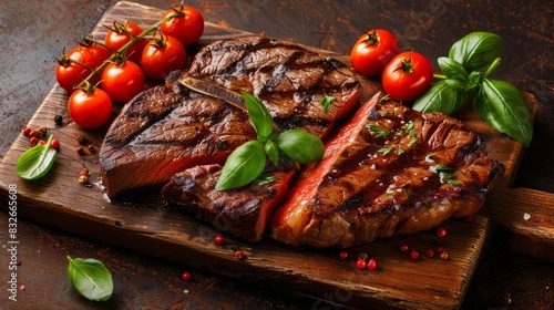  A close-up of a steak on a cutting board Tomatoes and basil adjacent