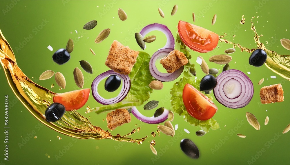 Frischer salat, Croûtons, zwiebeln, Oliven, Tomaten, Frischer salat, Croûtons, zwiebeln, Oliven, Tomaten,