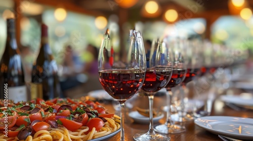  A table holds plates of food - one with pasta, the other unspecified Wine glasses sit atop it, nearby