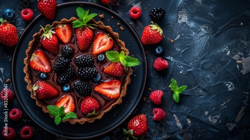  A chocolate tart garnished with strawberries, raspberries, and blueberries on a black plate Surrounding the tart are mint leaves and additional berries against a dark background