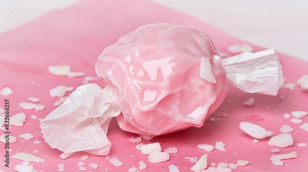 A tight shot of a candy ball atop a pink background, embellished with confetti sprinkles above, and a plastic wrapper concealed beneath A tight shot of a candy ball atop a pink background, embellished with confetti sprinkles above, and a plastic wrapper concealed beneath