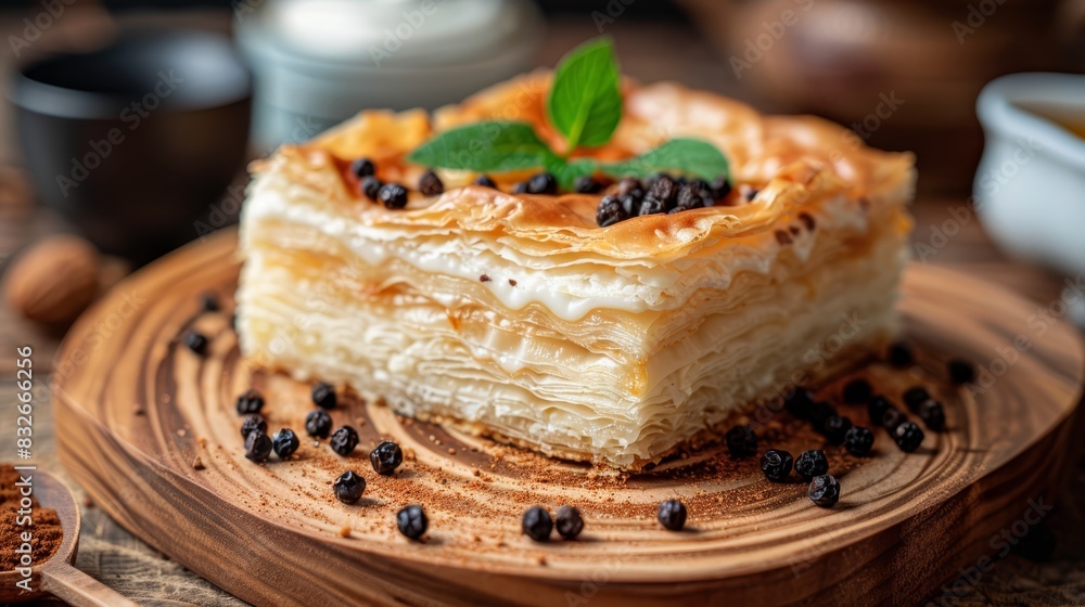 A cake sit on wood, cup of coffee nearby, spoon topped with a green leaf - cake's companion A cake sit on wood, cup of coffee nearby, spoon topped with a green leaf - cake's companion