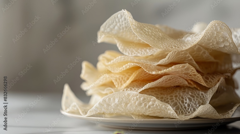 plate featuring clear food, napkin atop, fork centrally placed Background softly blurred plate featuring clear food, napkin atop, fork centrally placed Background softly blurred